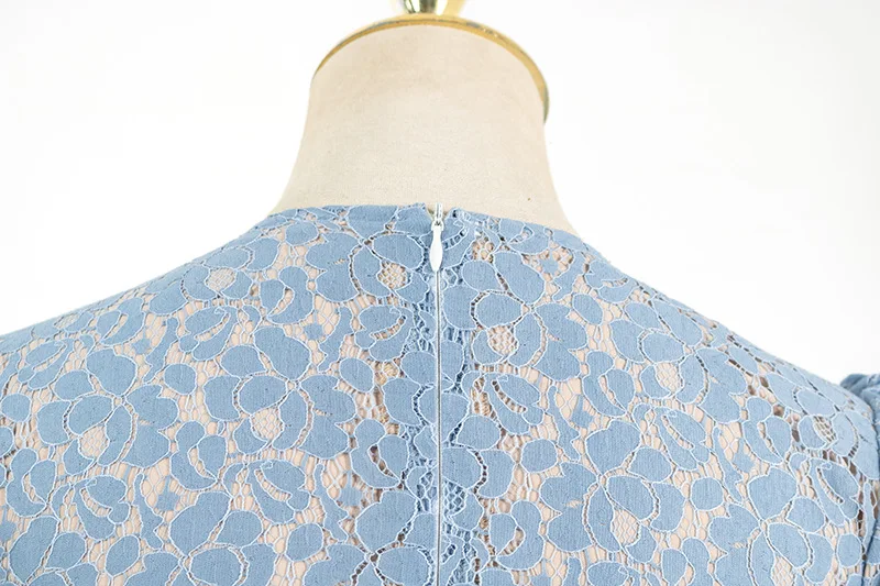 

Kpop Korean Celebrity Summer Fashion O-neck Puff Sleeve Lace Splice Dress Women Party Sexy Perspective Hollow Waist Mini Dresses