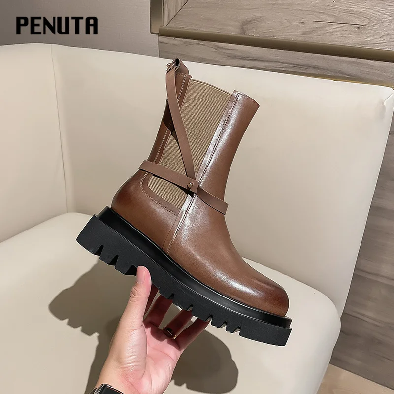 

Женские эластичные ботинки до щиколотки, черные, коричневые классические ботильоны из натуральной кожи с круглым носком, дизайнерские коро...