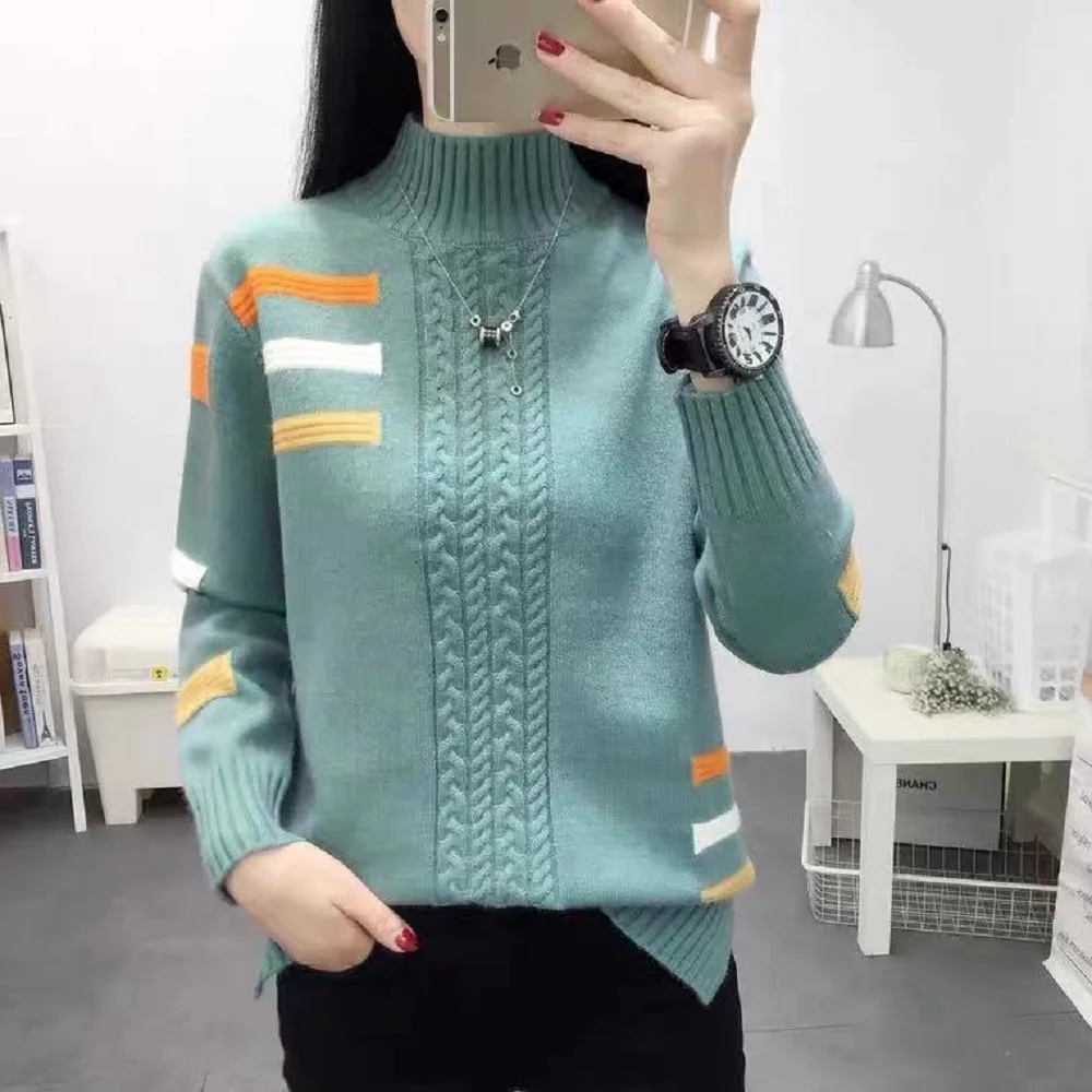 

Autumn/winter 2021 new style half high neck loose thick ladies sweater outer wear knitted plus velvet bottoming shirt