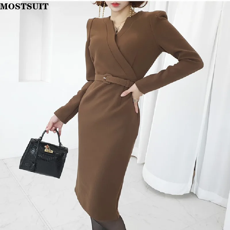 

Korean Workwear Women Pencil Dress Spring Autumn Full Sleeve V-neck Belted Dresses Elegant Slim Solid Ol Style Vestidos Mujer
