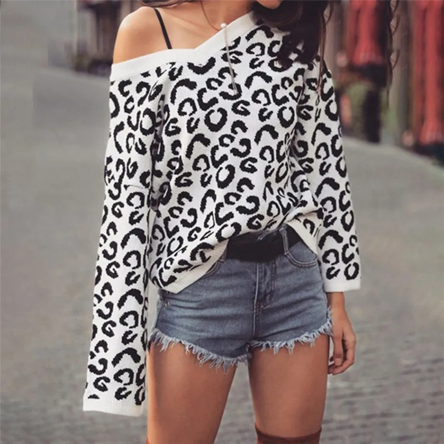 Женский свободный вязаный свитер большого размера с леопардовым принтом в форме