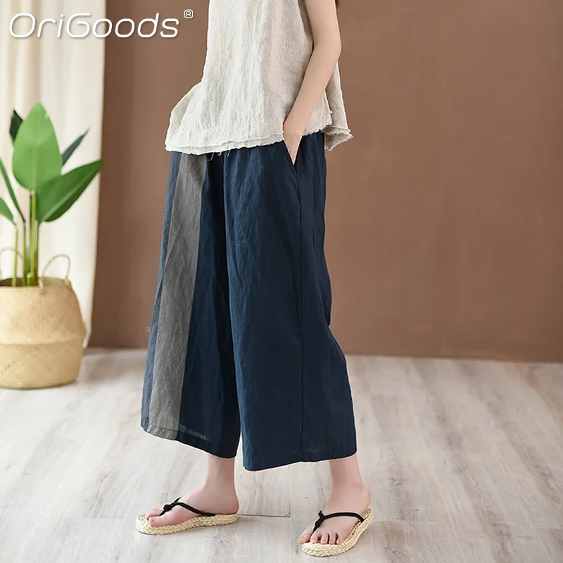 OriGoods летние укороченные брюки с широкими штанинами для женщин льняные и
