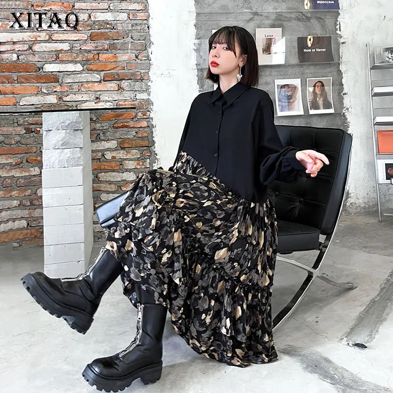

XITAO осеннее Новое винтажное платье с принтом 2021 модное повседневное свободное контрастное женское платье большого размера GWJ0823