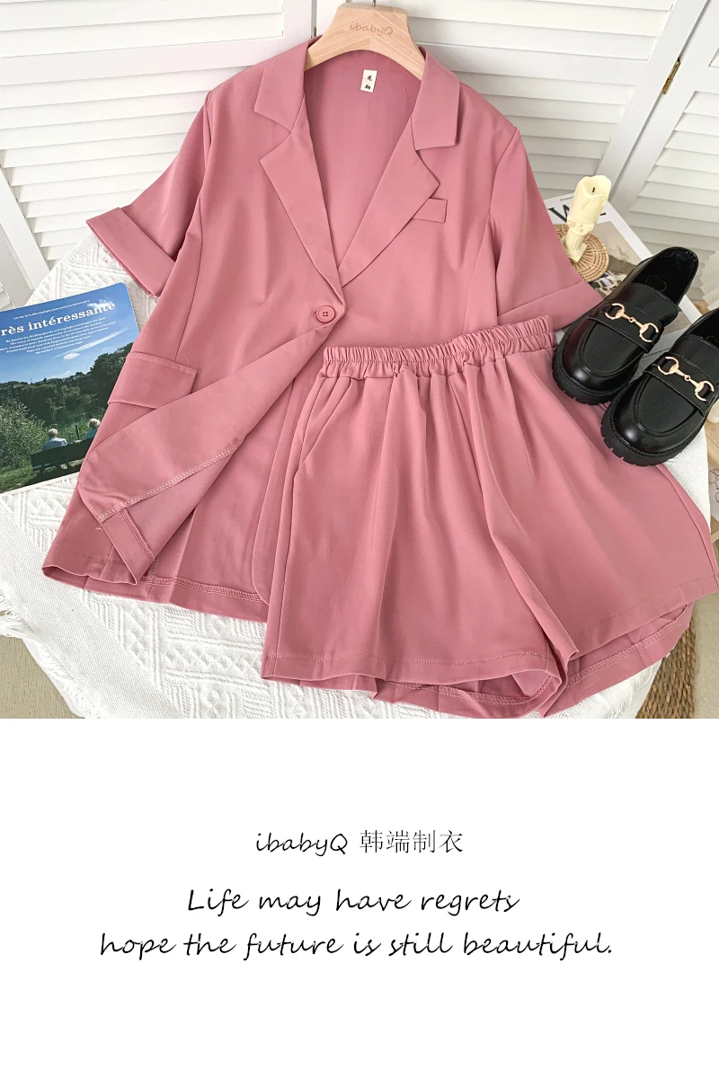 

Summer new temperament all-match v-neck short-sleeved suit jacket + two-piece high-waist short wide-leg pants