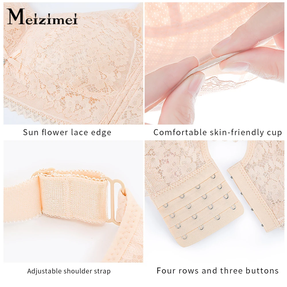 Meizimei Wireless Bras for Women Thin Cup Lingeire Plus Size Lace Underwear Minimizer Brassiere B C D E Cup