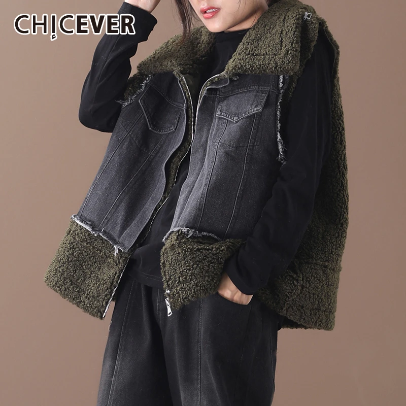 

CHICEVER Korean Patchwork Hit Color Women's Vests Lapel Collar Sleeveless Oversize Casual Vest Female Autumn Winter 2020 Fashion