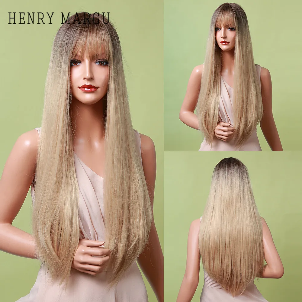 

HENRY MARGU Ombre Brown Golden Synthetic Wigs with Bangs Long Silk Straight Cosplay Wigs For Black Woman Heat Resistant Hair