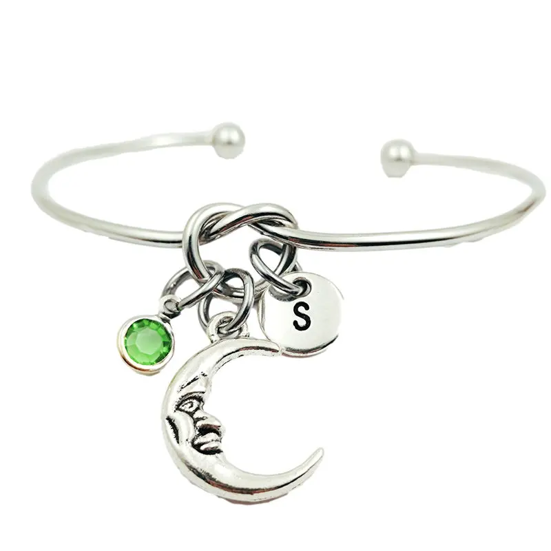 

New Moon Face Creative Initial Letter Monogram Birthstone Adjustable Bracelet Fashion Jewelry Women Gift Accessories Pendant