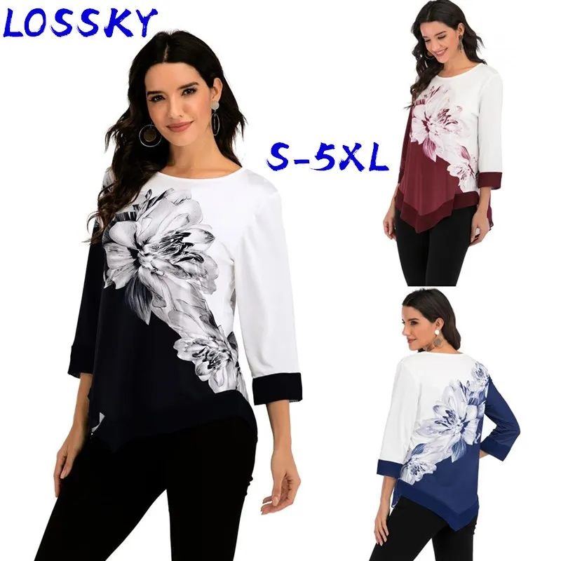 

Женская рубашка с цветочным принтом размера плюс, осенне-Весенняя коллекция блузка рубашка для женщин, топы, футболки с круглым вырезом