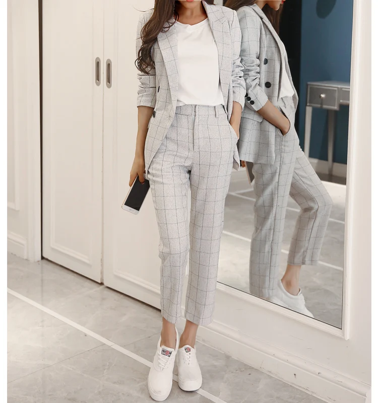 

Set 2 Pieces Women Outfits:blazer+pants 2020 Spring Vintage Plaid Lady Office Suits Female Tracksuits Workwear Ensemble Femme