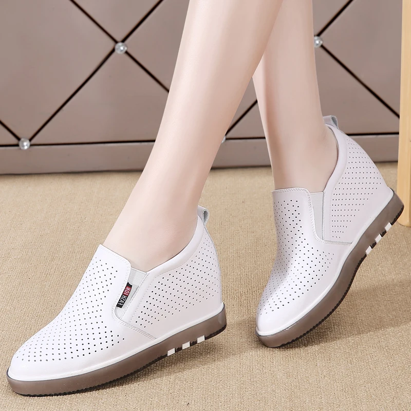 

Summer Split Leather Women Platform Shoe Heel High 6cm Women Sneaker 3.5CM insole Shoes Women Hollow Luxury Ladies Casual Shoes