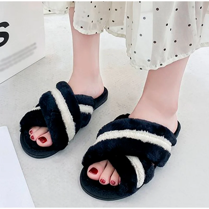 

Women Slippers Winter Fashion House Fluffy Shoes Female Short Plush Cross Mixed Color Flats Ladies Indoors Soft Footwear New