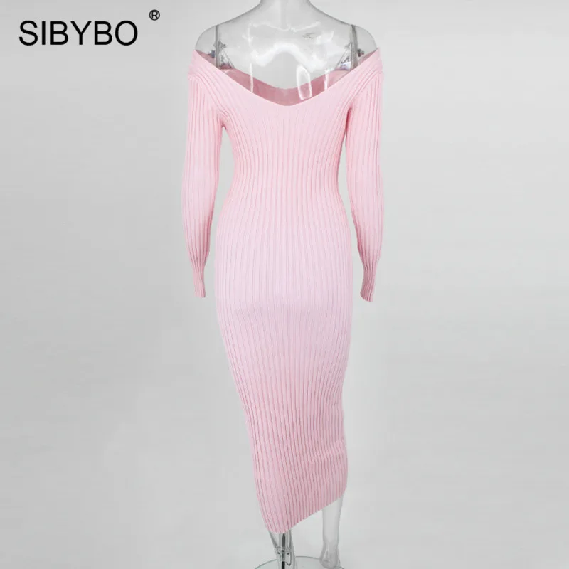 SIBYBO, зимнее трикотажное хлопковое платье в рубчик, женское сексуальное облегающее платье с открытыми плечами и длинным рукавом, однотонные вечерние платья с открытой спиной
