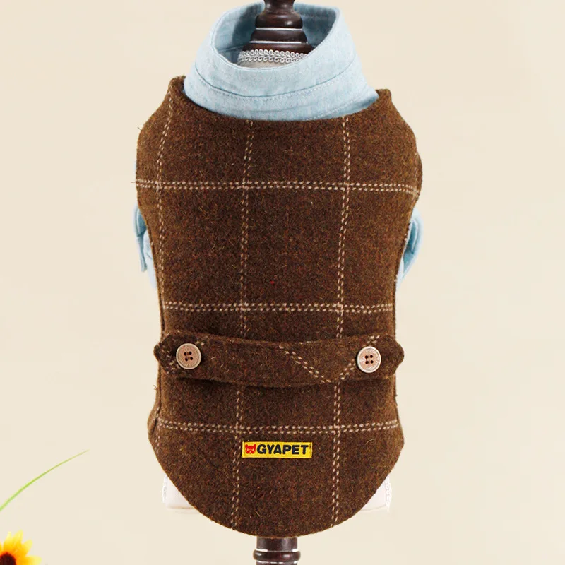 

Autumn and Winter Cute Pet Clothing Gentleman Woolen Vest Brown Plaid Dog Clothes