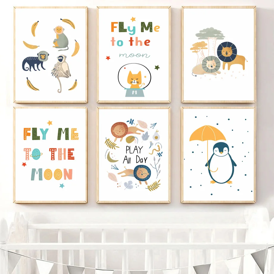 

Cute Cartoon Space Lion Cat Monkey Penguin Baby Wall Art Canvas Painting Nordic Posters And Prints Wall Pictures Kids Room Decor