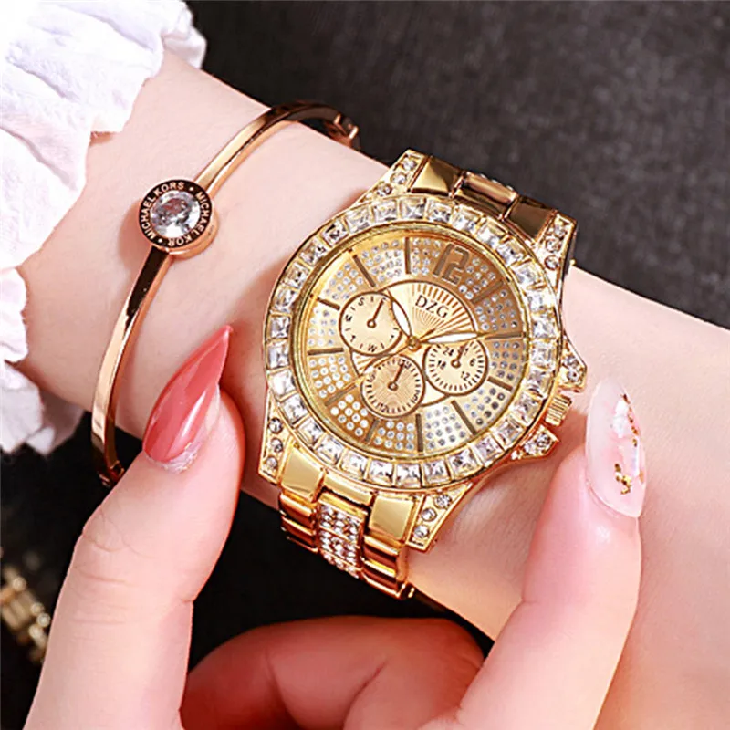 Женские трендовые роскошные часы из нержавеющей стали трехцветные алмазные