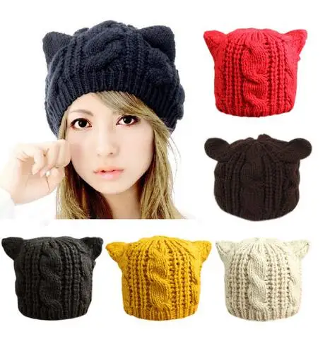 Милые кошачьи ушки шапка бини женская теплая однотонная в стиле хип хоп женские