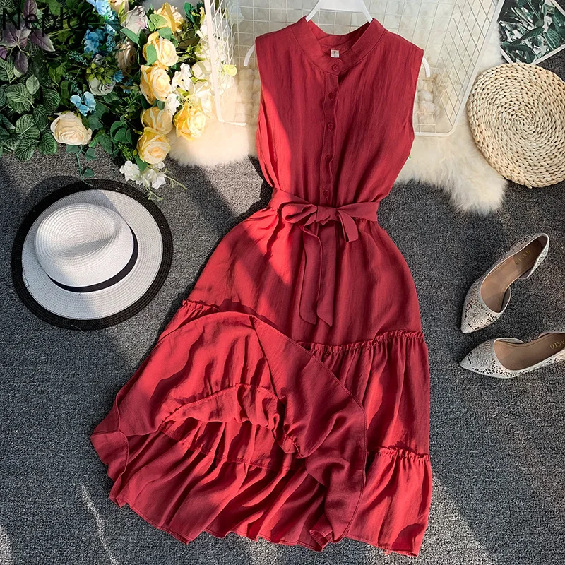 Женское платье с оборками Neploe корейское свободное летнее до середины икры без