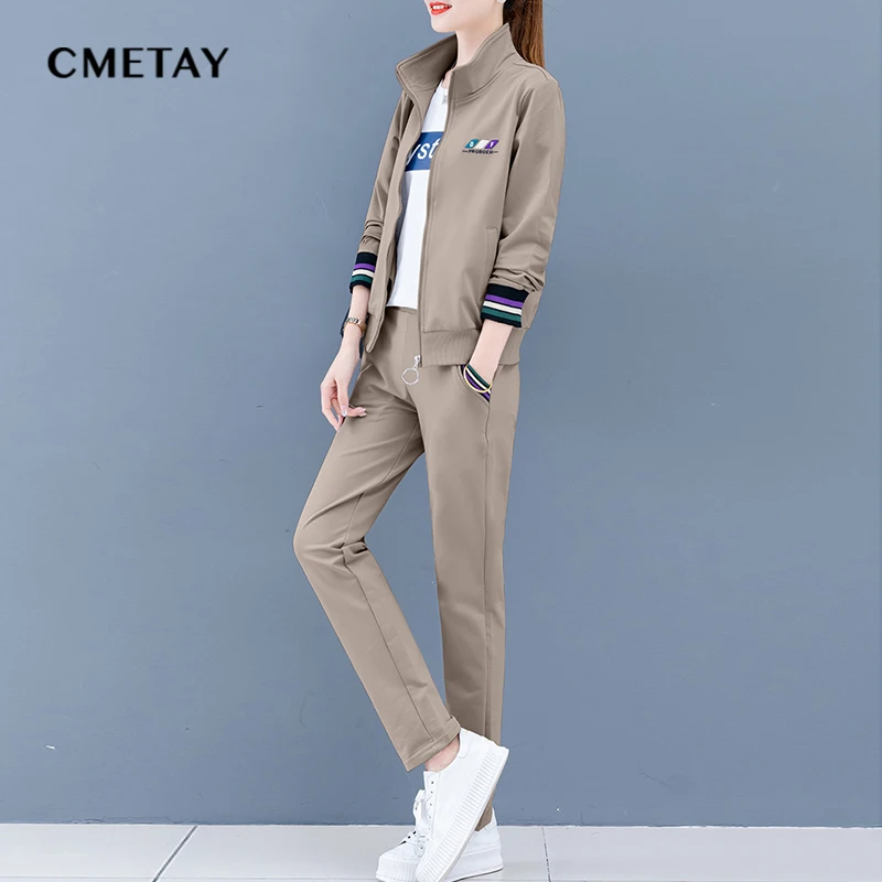 

2021 Spring Autumn New Korean Casual Sports 3 Piece Set Women Cardigan Stand Up Collar Sports Tops Long Pants Sportswear Outfits