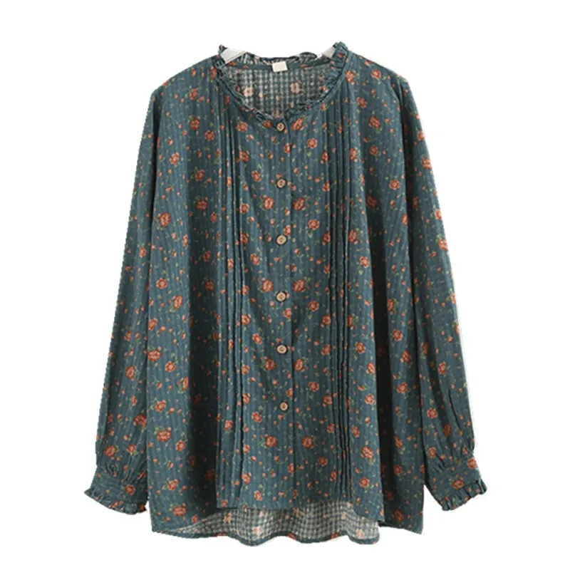 

Lamtrip Unique Retro Rose Print Ruffles Long Sleeve Cotton Shirt Blouse Mori Girl 2021 Spring