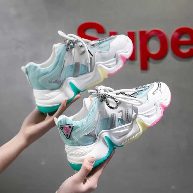 Женские кроссовки столбики Дышащие на толстой подошве Спортивная обувь