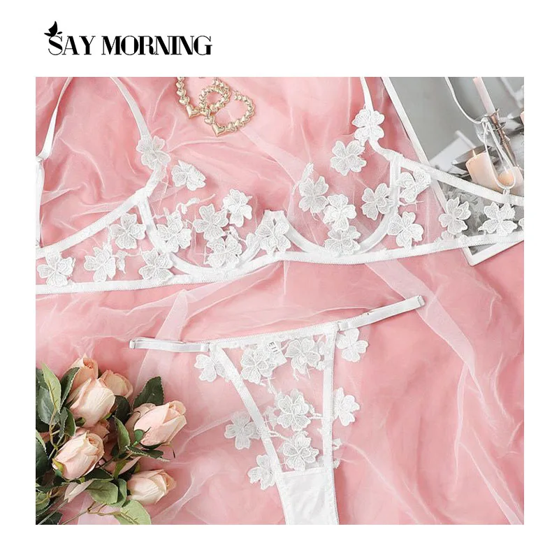 

SAY MORNING New Women's lace embroidered underwear thin mesh see-through sexy erotic lingerie underwire gather bra thong set