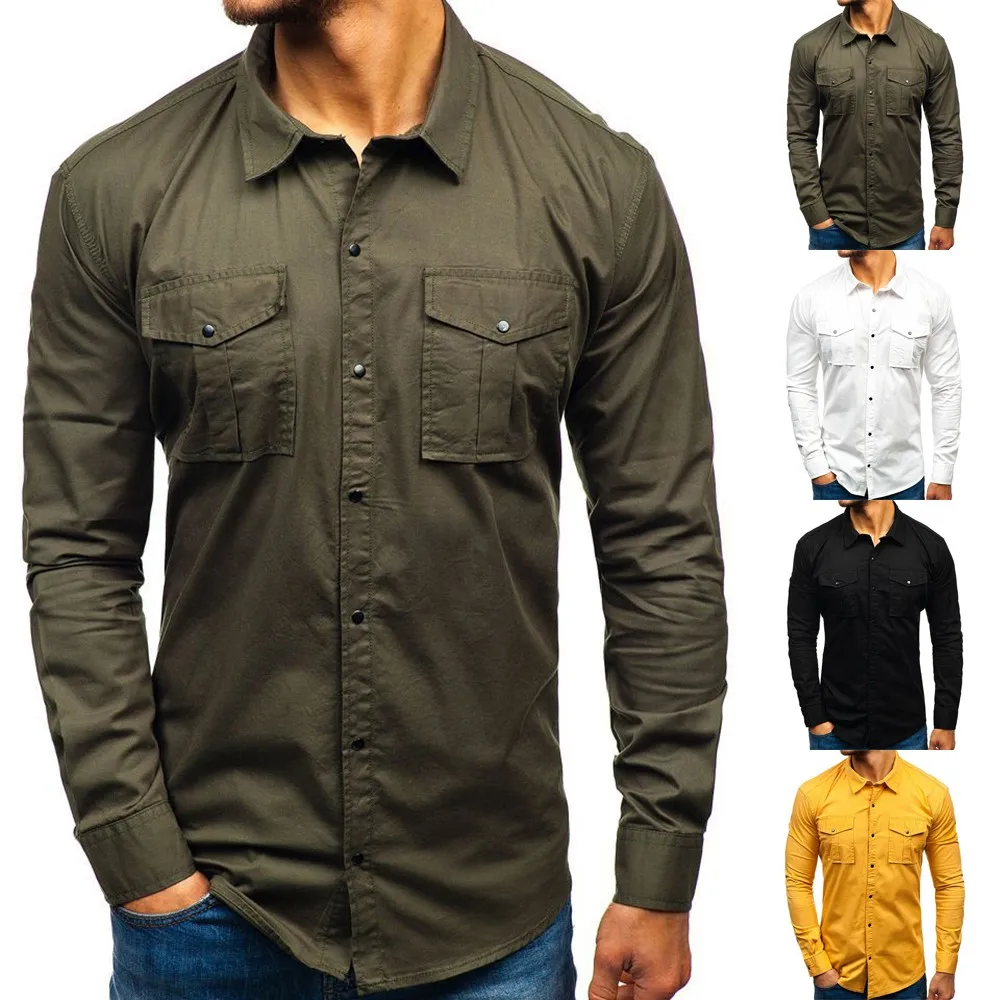 

Men's Long Sleeve Button Up Slim Military Army Casual Pocket Shirt Cotton Tops Male Casual Shirts Fashion Clothes Work Bottom