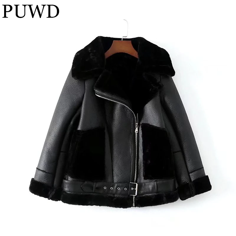 PUWD Warm Women Faux Leather Fur Jacket 2021 Winter Leisure High Street Comfortable Personality Trend Slim Female Thick Outwear