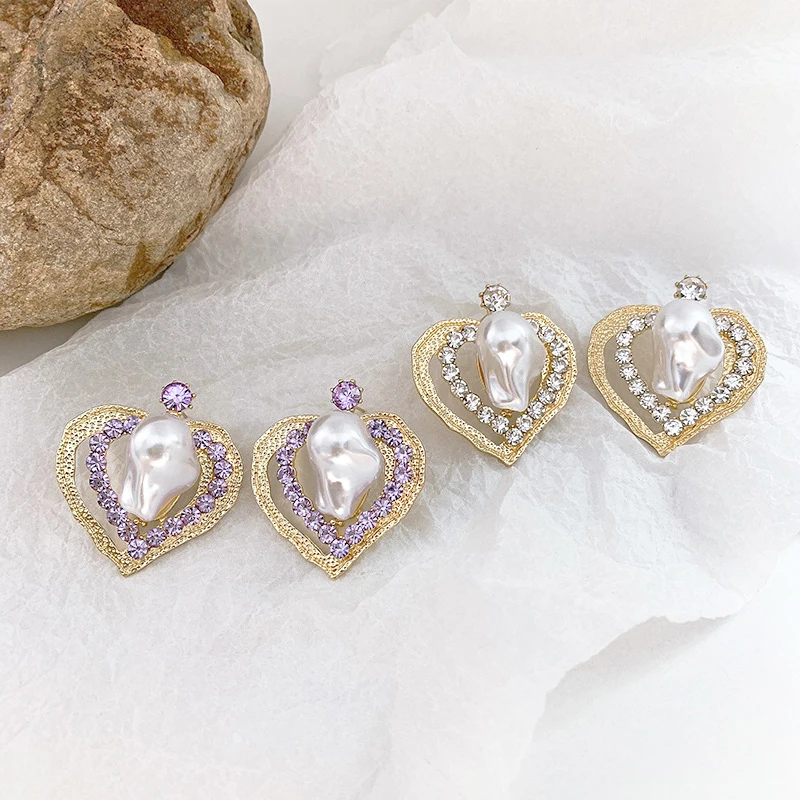 

Fashion Metal Rhinestone Heart Dangle Earrings For Women Exaggerated Design Purple White Crystal Pearl Earrings Jewelry 2021 New