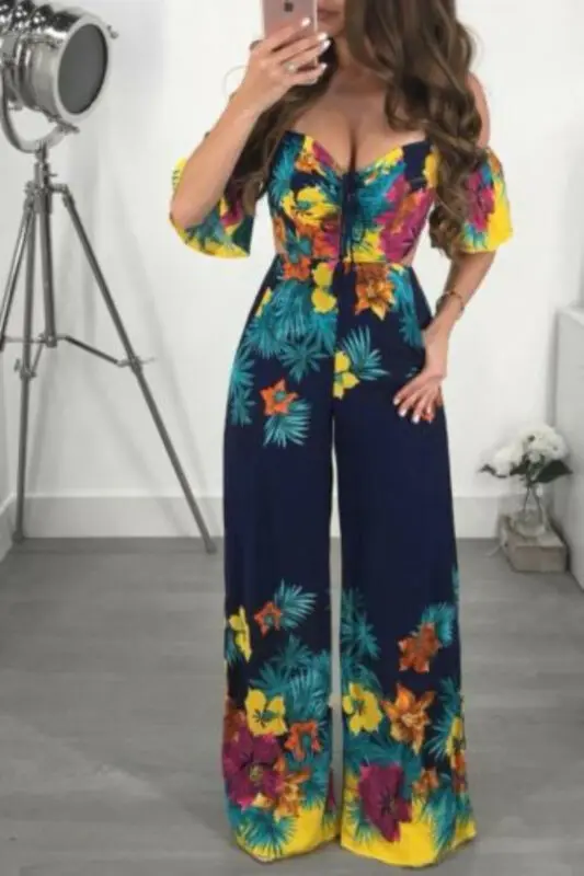 

Women Off Shoulder Holiday Boho Strapless Floral Printed Jumpsuit Summer Deep V-neck Romper