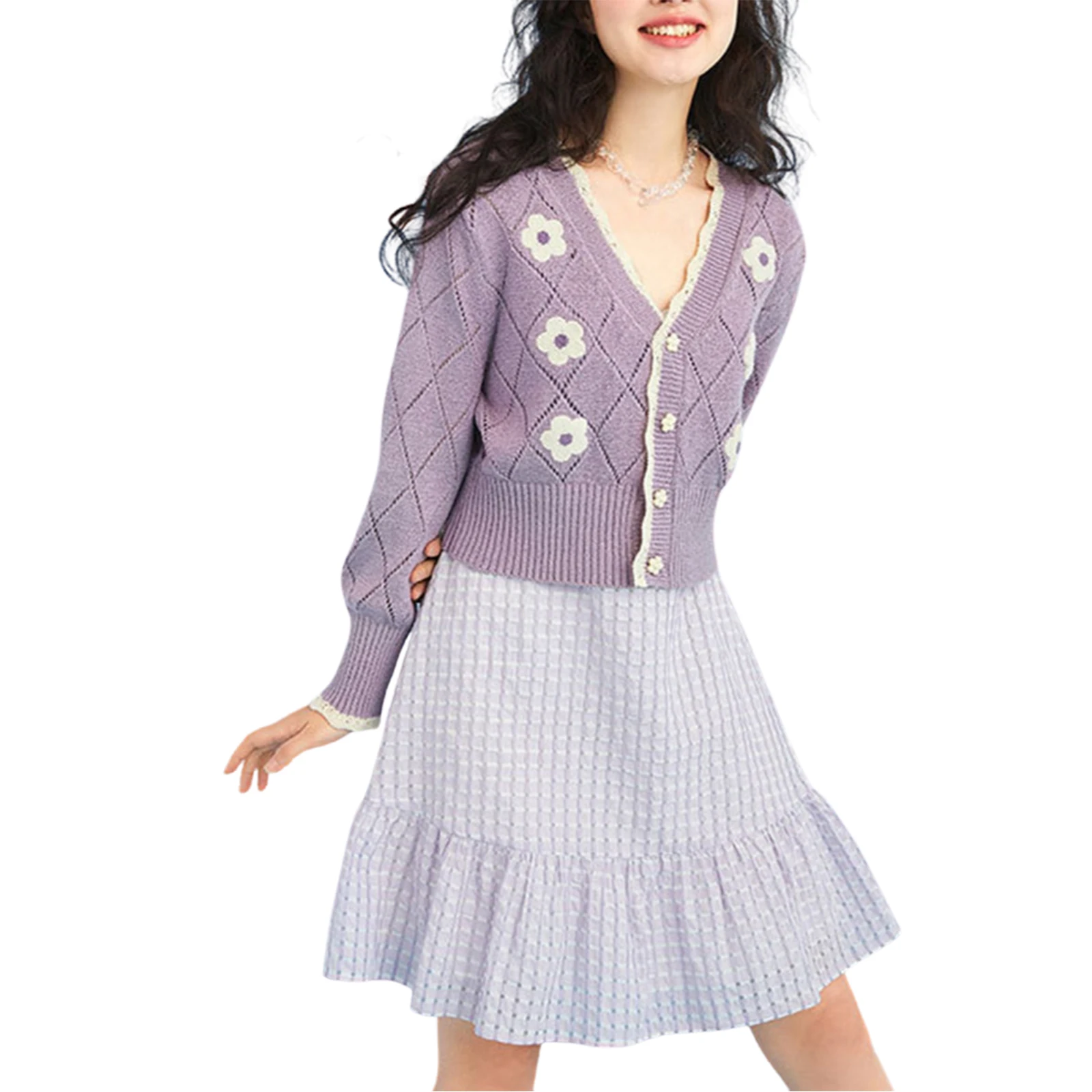 

Women Knitted Cardigan, Argyle and Floral Pattern V-neck Button-down Tops, Beige/ Purple