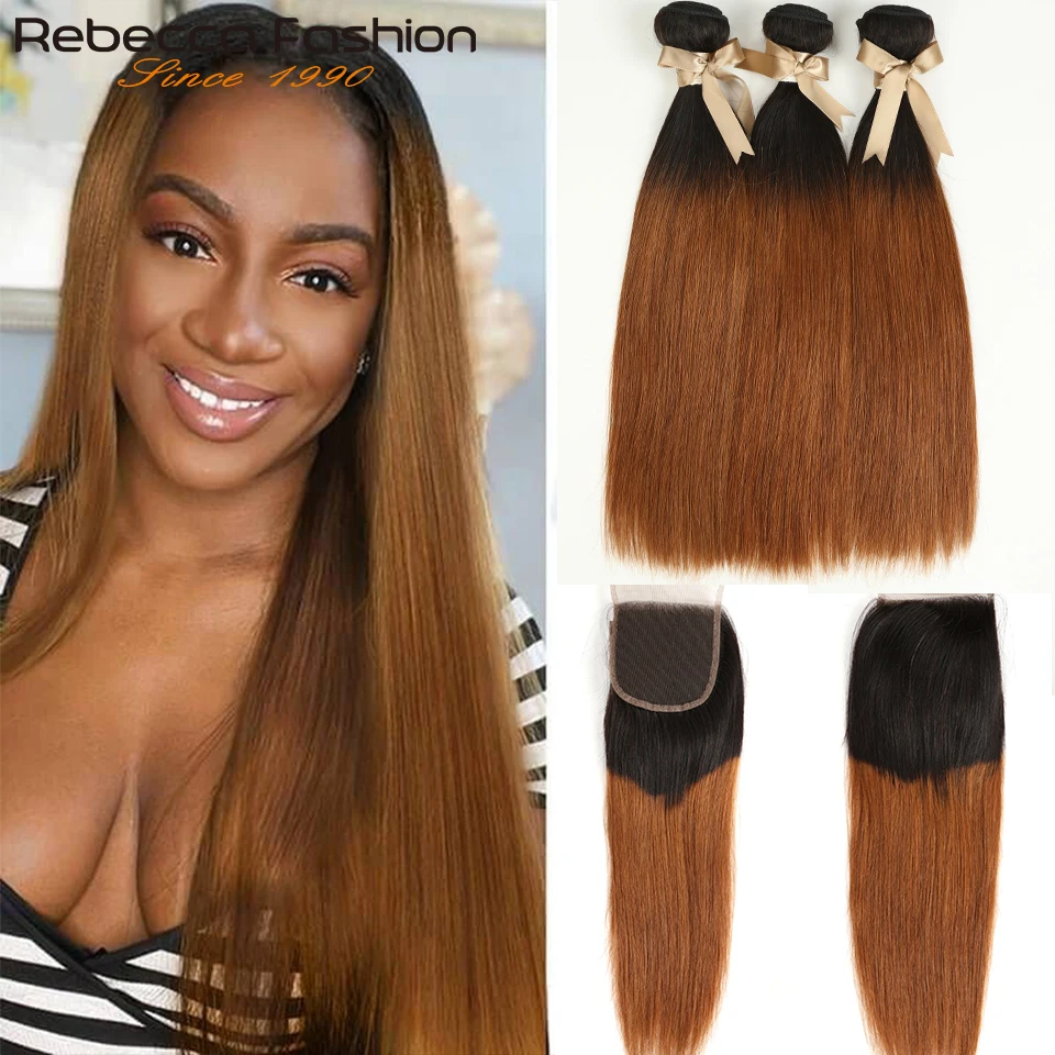 Pacotes de Rebecca Ombre com Fechamento Pacotes com Fechamento Dois Tons 27 30 Cores Cabelo Reto Brasileiro 3 1b – 99j