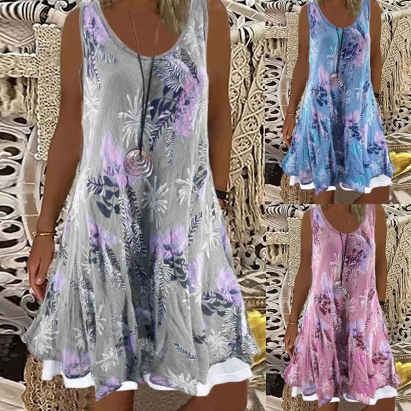 

Vintage Floral Print Women Party Dress Elegant Sexy Sleeveless Loose Beach Dress Summer Casual O-Neck Vest A-Line Dress Vestidos
