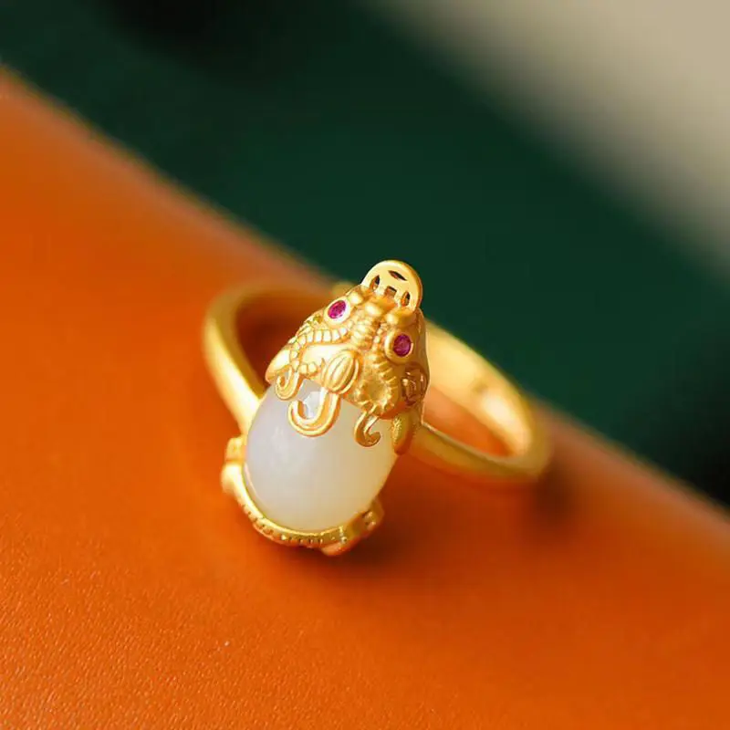 

HML& natural Hetian white jade brave open adjustable ring Chinese retro beast domineering exaggerated women's brand jewelry
