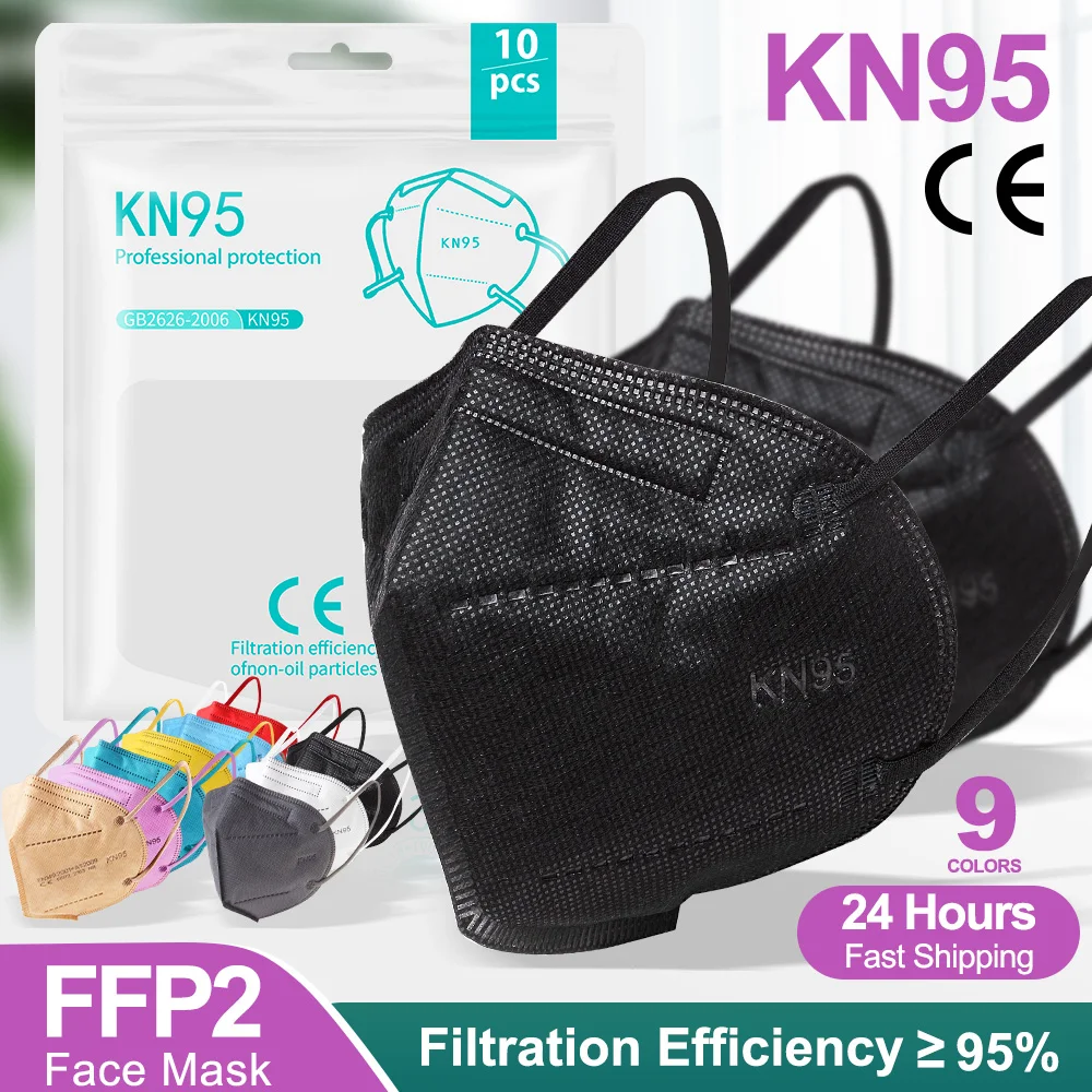 

Черная маска Kn95 FFP2, 5-слойная одноразовая Защитная Пылезащитная дышащая маска против капель, женская маска для рта ffp2mask