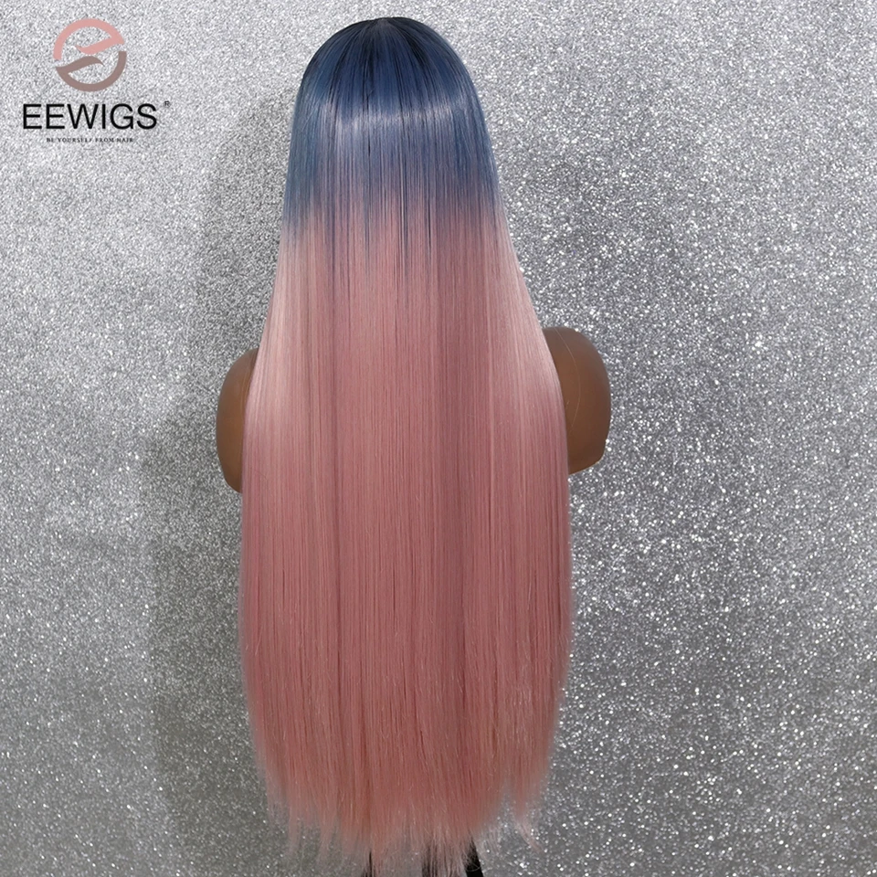 EEWigs термостойкие прямые синтетические парики на кружеве Glueless косплей парик черный синий розовый 3 тона Омбре парики для женщин