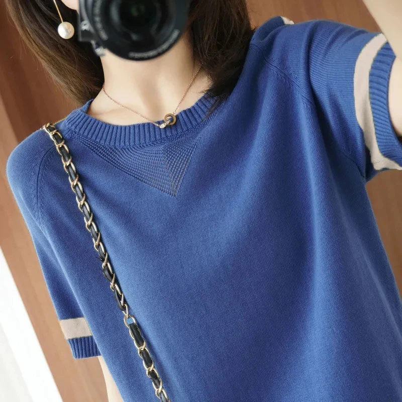 

Striped Short Sleeve Knitted T-shirt Women Casual Summer Loose O-Neck Elastic Knitwear Tops 2021 New Fashion Large Size Tees