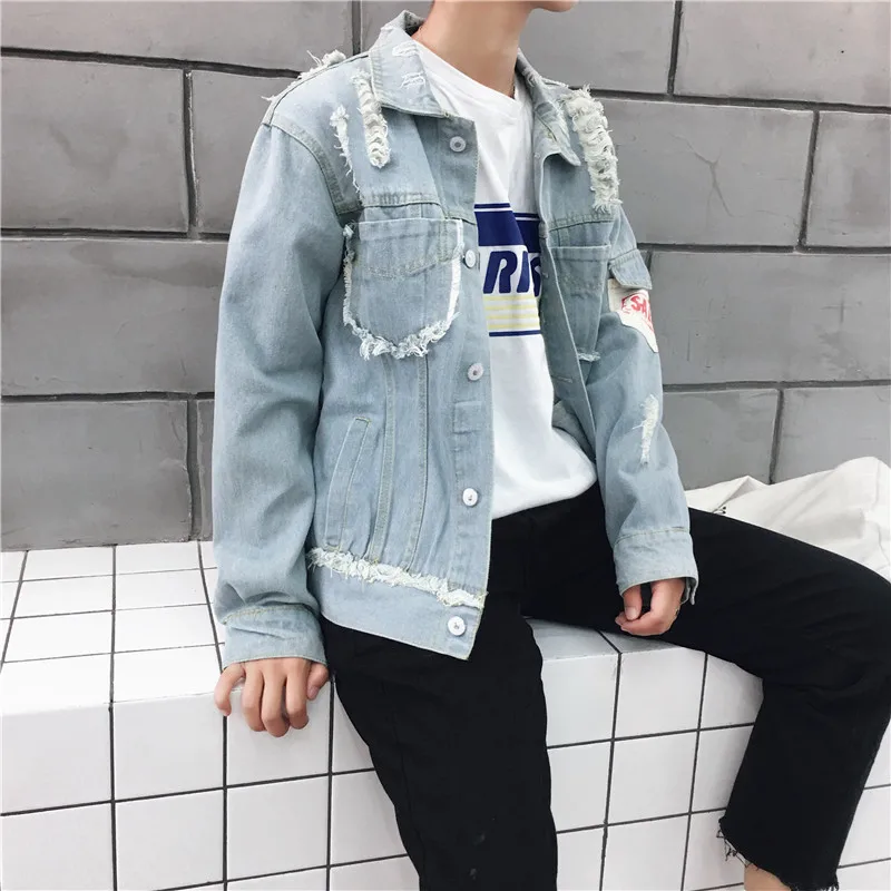 

Harajuku bf wind men's ripped washed denim jacket Korean style loose fashion jacket trendy jacket