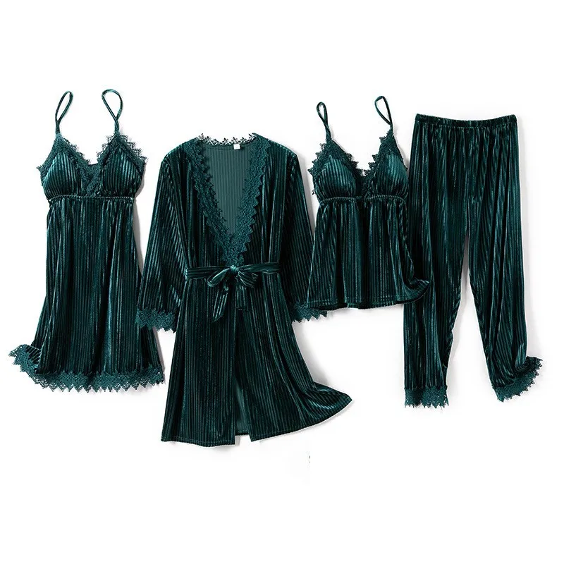 

Velour Lace 4PCS Sleepwear Women 3pack Veste Polaire 3PCS Robe Suit Warm Winter Sexy Spaghetti Strap Top&shorts Autumn Nightwear