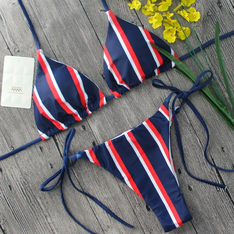

New 2020 Summer Women Push-up Padded Bra Bandage Bikini Set Striped Swimsuit Triangle Swimwear Suit
