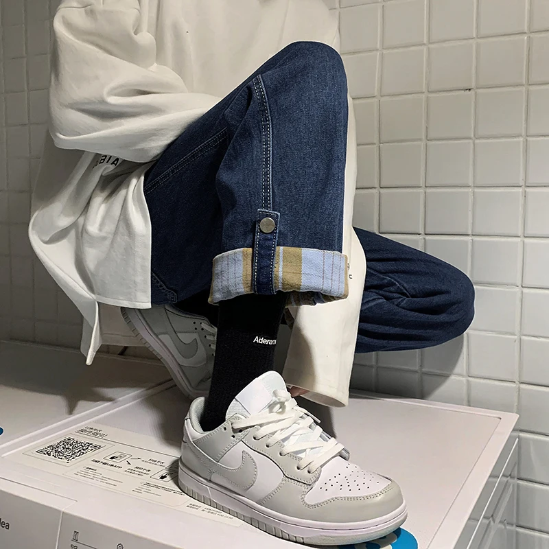 

High Quality Fashion Cuffed Jeans Winter Mens Fleece Straight Denim Trousers Men Vintage Thick Streetwear Casual Jean Pants