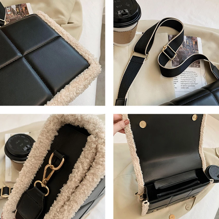 

Fashion Lattice Square Plush Crossbody Bags for Women 2021 Lambswool Pu Leather Shoulder Messenger Bag Women's Designer Handbag