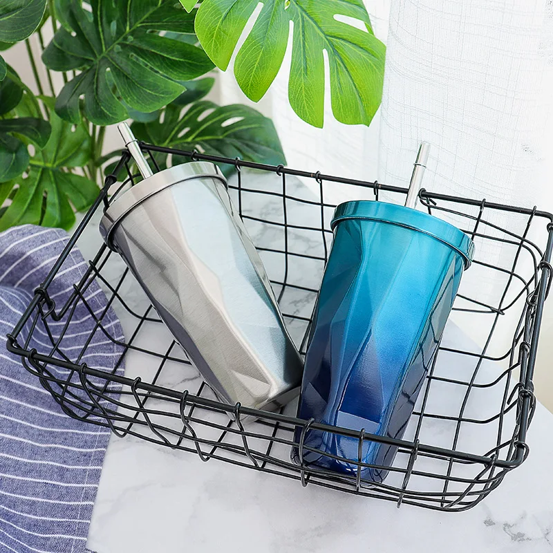 550ml Gradient Color Thermos Mug Irregular Coffee Cup with Lid Stainless Steel Vacuum Flask Creative Straw Thermal Bottle | Дом и сад