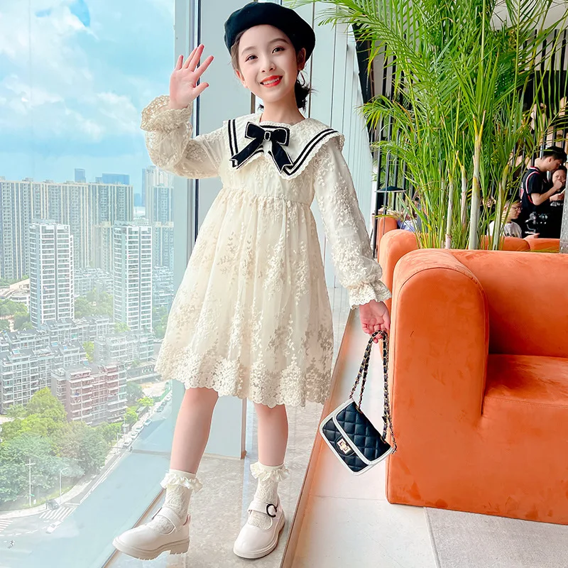 

Детские платья для девочек, осеннее платье с длинным рукавом для девочек, элегантное кружевное платье принцессы с бантом, детская одежда 3, 4,...