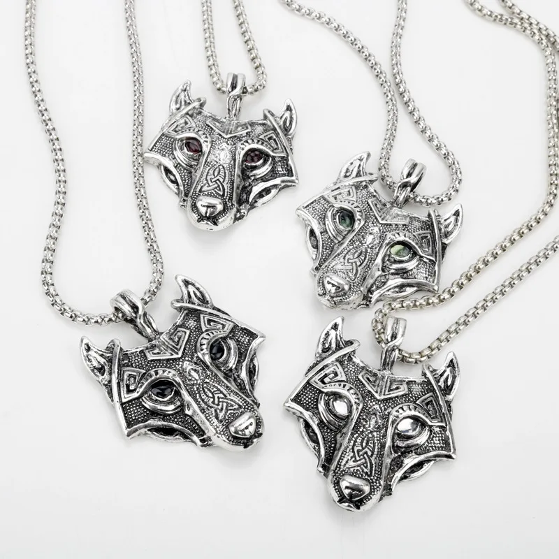 

Vintage Norse Wolf Head Vikings Pendant Necklace Green Crystal Eyes Original Animal Necklaces For Women Men Fashion Jewelry