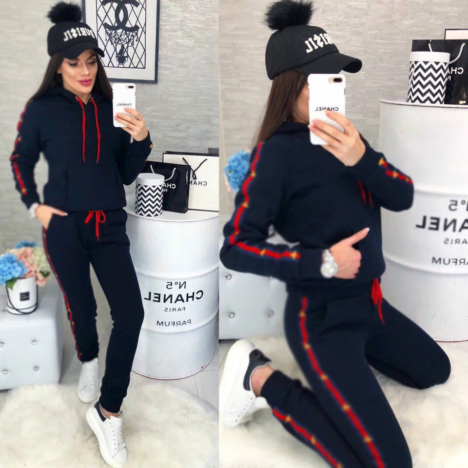 Новинка осени 2019 Женский комплект длинный рукав однотонный с капюшоном О