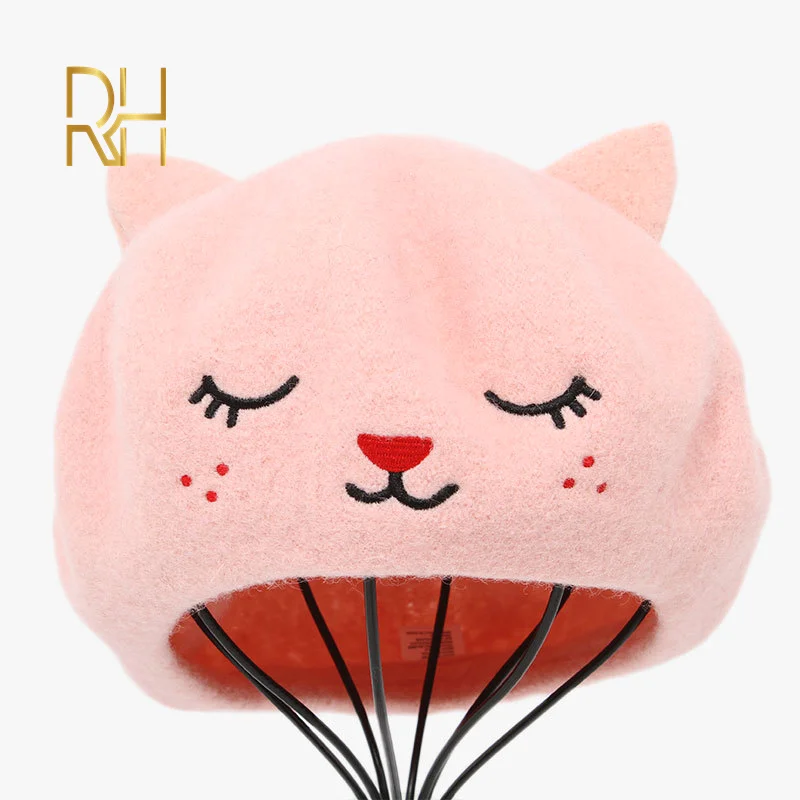 Осенние шерстяные Зимние береты шапки для женщин милый кот с вышивкой шапка