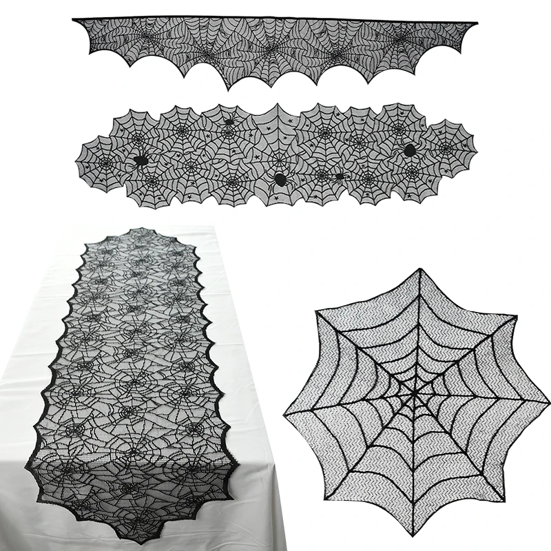 

Halloween Black Lace Spider Web Tablecloth Fireplace Mantel Scarf Festival Party Table Cover Halloween Home Decoration Supplies
