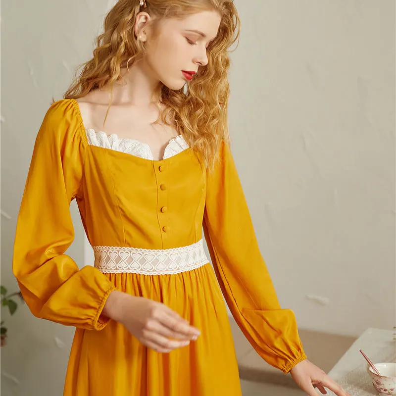 

Spring Lace Stitching Princess Retro Puff Sleeve NightRobe Sweet Slimming Waist Lace-up Dark Yellow Sleeping Dress for Female