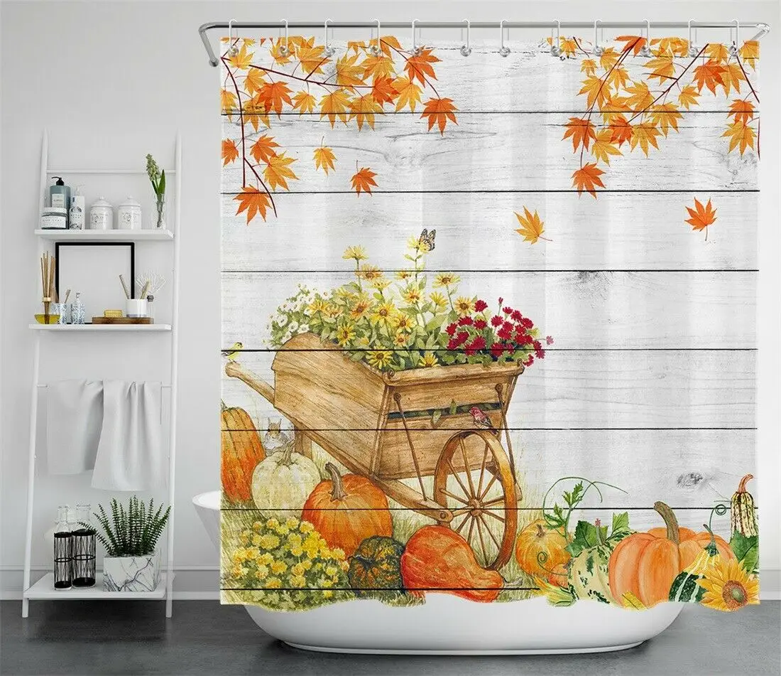 

Fall Pumpkin Thanksgiving Shower Curtain Autumn Harvest Pumpkin Field Flowers Maple Leaves For Bathroom Decor with Free Hooks